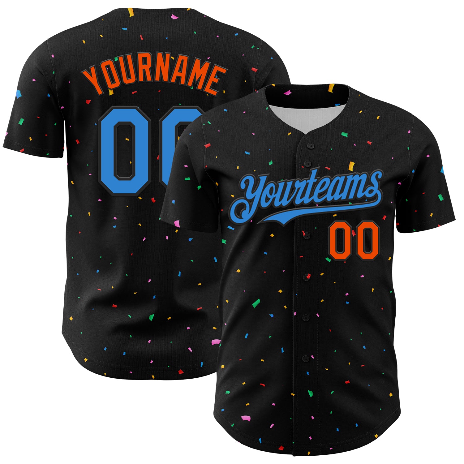 Personalized 3D Pattern Baseball Jersey with Custom Name and Number - Black Electric Blue-Orange Confetti Design Personalized