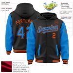 Custom Name and Number Two Tone Hoodie Jacket - Personalized Black Electric Blue-Orange Bomber Varsity Letterman Personalized