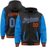 Custom Name and Number Two Tone Hoodie Jacket - Personalized Black Electric Blue-Orange Bomber Varsity Letterman Personalized