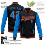 Personalized Two Tone Bomber Jacket Black Electric Blue-Orange Full-Snap Varsity Letterman Personalized Black Electric Blue-Orange
