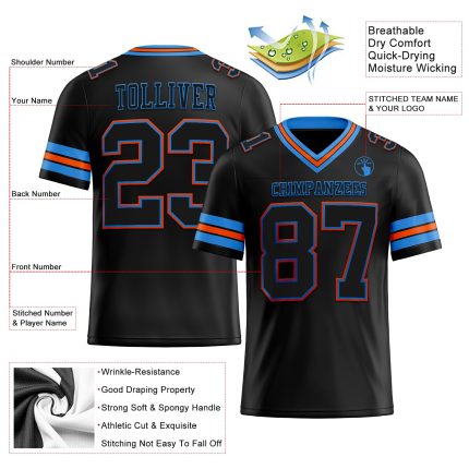 Custom Black Electric Blue-Orange Mesh Football Jersey - Personalized Team Name & Number Personalized Black Electric Blue-Orange