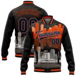 Miami Florida City Edition 3D Bomber Varsity Jacket - Personalized Black Electric Blue-Orange Full-Snap Letterman Jacket
