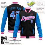 Personalized Varsity Letterman Two Tone Bomber Jacket Black Electric Blue-Pink Full-Snap Personalized Black Electric Blue-Pink