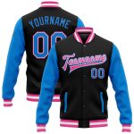 Personalized Varsity Letterman Two Tone Bomber Jacket Black Electric Blue-Pink Full-Snap Personalized Black Electric Blue-Pink