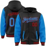 Custom Name Number Two Tone Hoodie Jacket for Team, Personalized Black Electric Blue Red Bomber Varsity Full-Snap Personalized