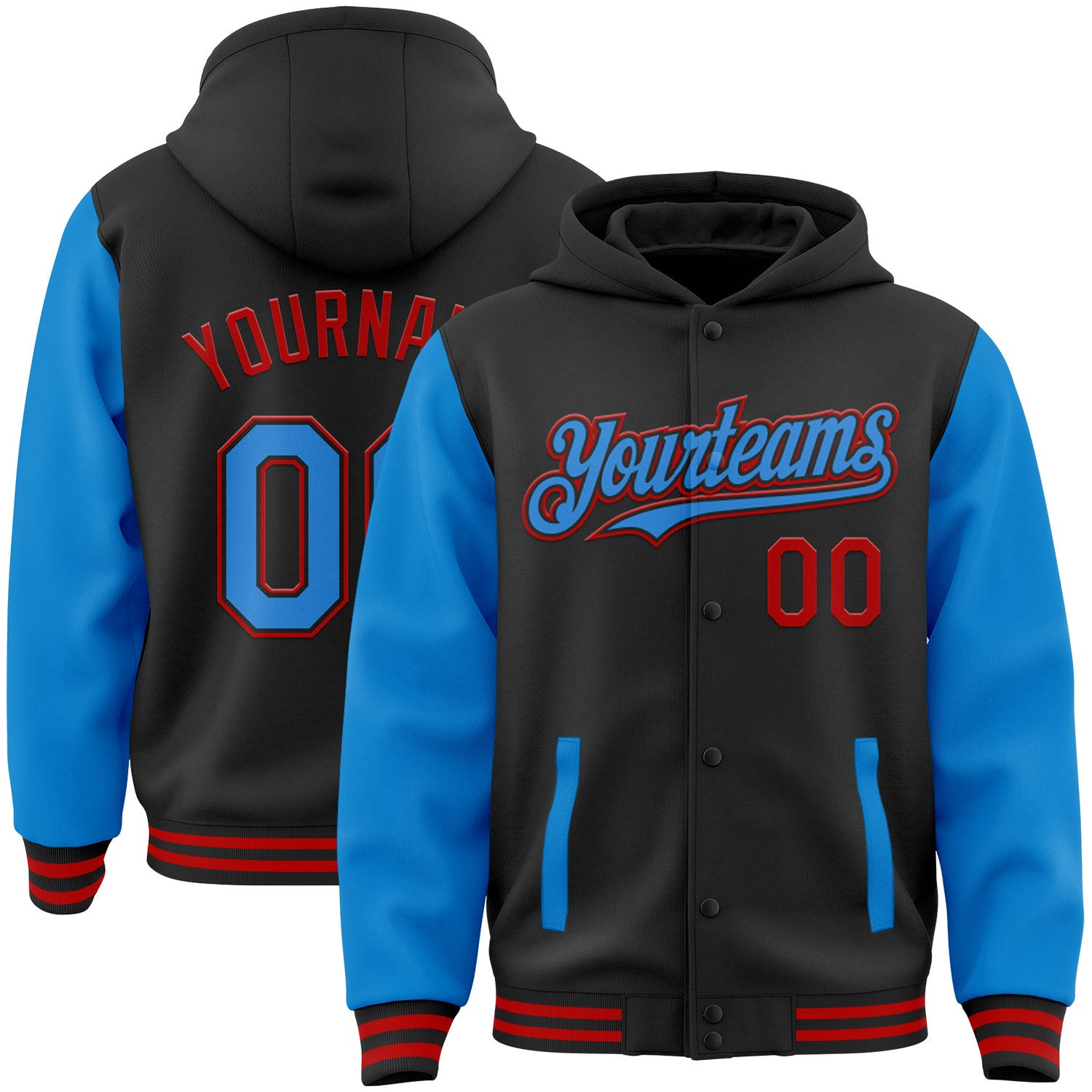 Custom Name Number Two Tone Hoodie Jacket for Team, Personalized Black Electric Blue Red Bomber Varsity Full-Snap Personalized