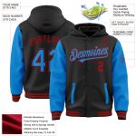 Custom Name Number Two Tone Hoodie Jacket for Team, Personalized Black Electric Blue Red Bomber Varsity Full-Snap Personalized