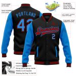 Personalized Electric Blue Red Two Tone Bomber Jacket Full-Snap Varsity Letterman Personalized Black Electric Blue-Red Bomber