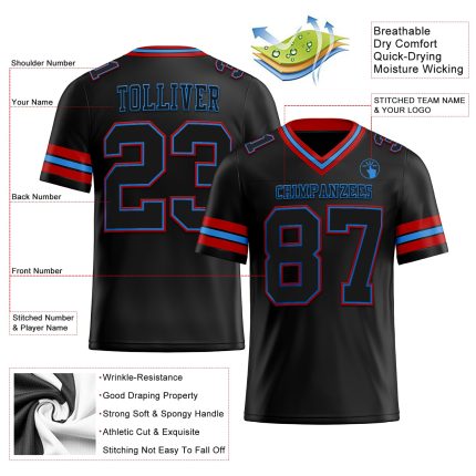 Personalized Electric Blue-Red Black Mesh Football Jersey - Custom Sports Apparel Personalized Black Electric Blue-Red Mesh