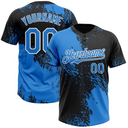 Personalized Unisex Softball Jersey in Black Electric Blue-White 3D Abstract Brush Stroke, Two-Button Design Personalized