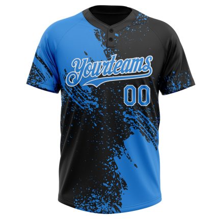 Personalized Unisex Softball Jersey in Black Electric Blue-White 3D Abstract Brush Stroke, Two-Button Design Personalized