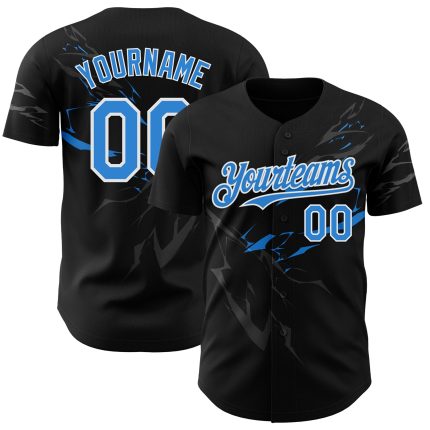 Personalized 3D Lightning Baseball Jersey in Black & Electric Blue-White Personalized Black Electric Blue-White 3D Lightning
