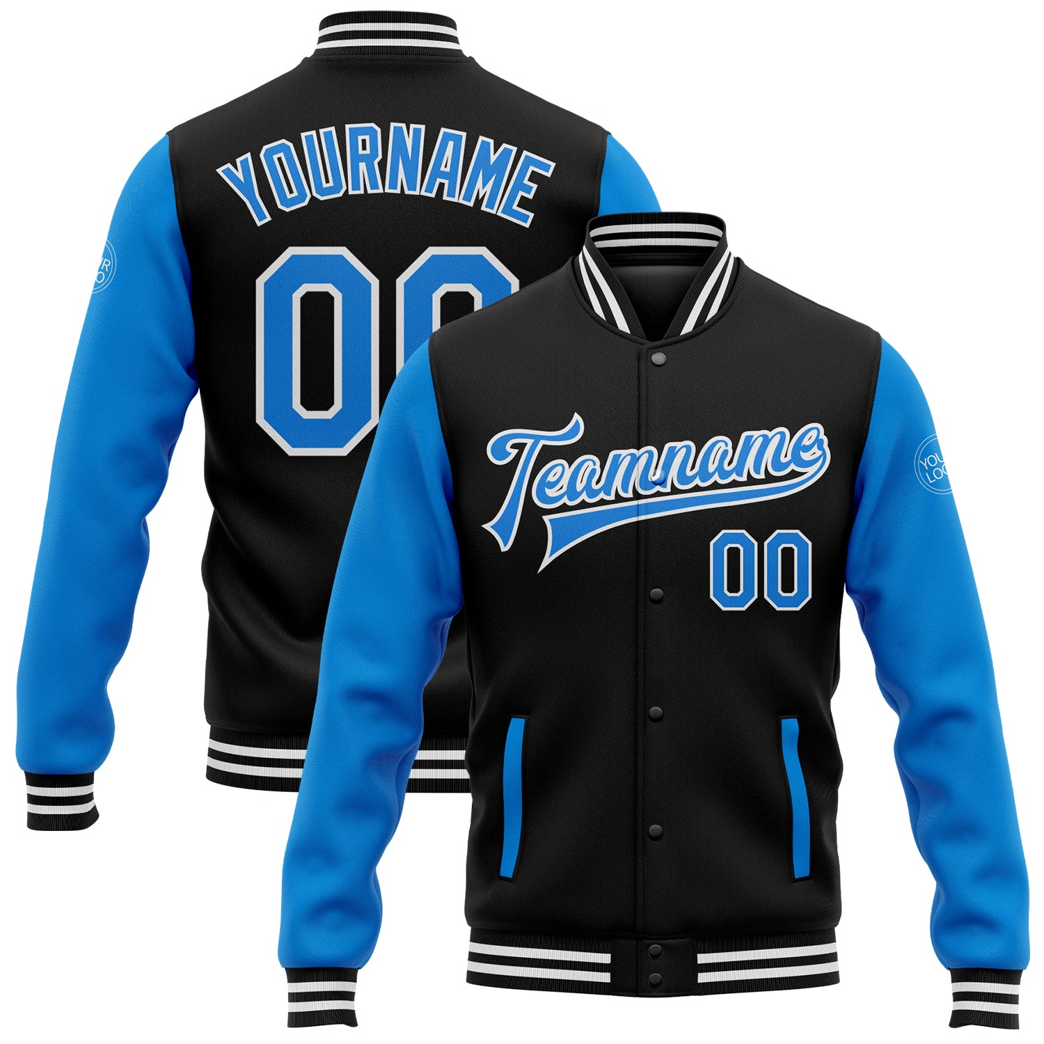 Personalized Custom Bomber Jacket with Team Name and Number - Black Electric Blue-White Varsity Full-Snap Two Tone Personalized