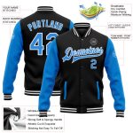 Personalized Custom Bomber Jacket with Team Name and Number - Black Electric Blue-White Varsity Full-Snap Two Tone Personalized