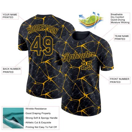 Personalized 3D Abstract Network T-Shirt in Black Gold for Performance Wear Personalized Black Gold 3D Abstract Network Performance