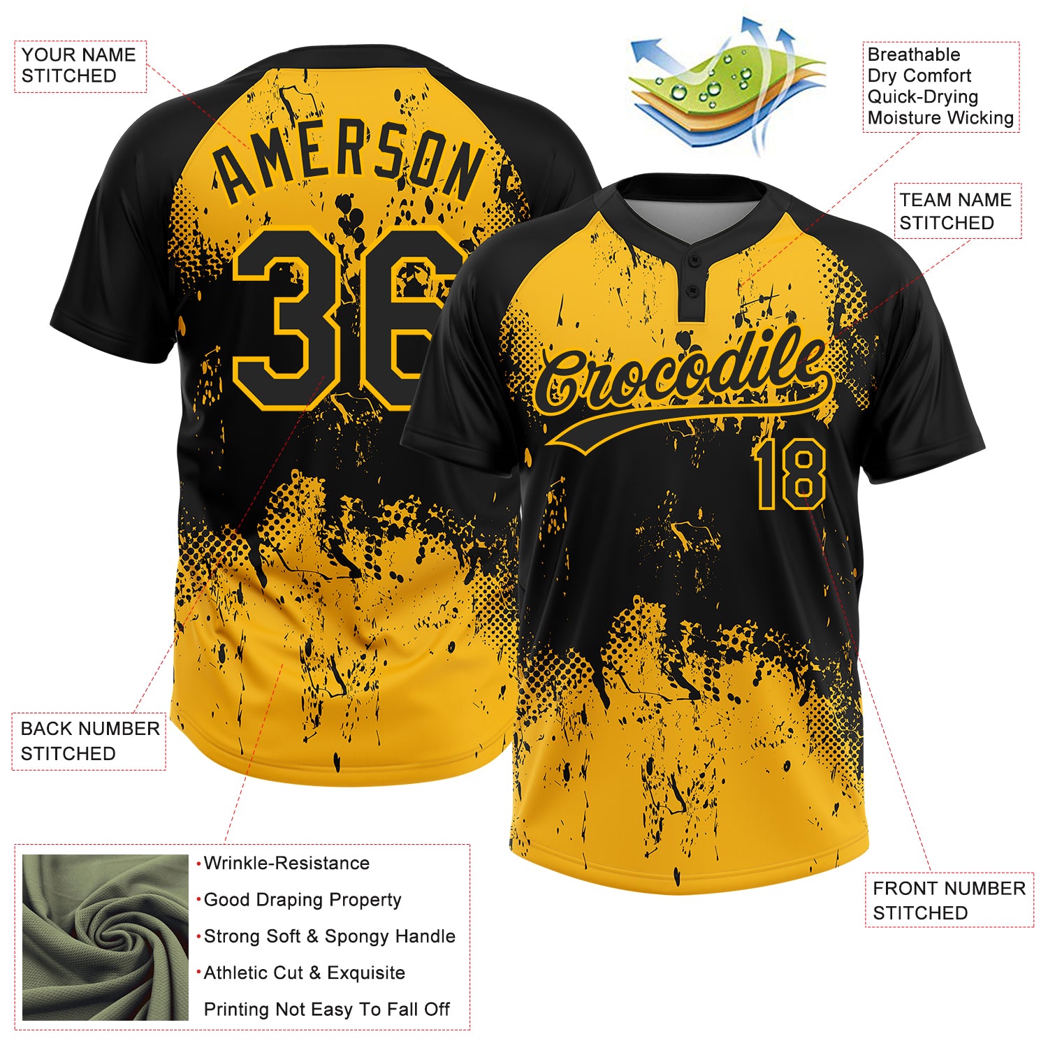 Personalized Black Gold 3D Abstract Splatter Grunge Art Two-Button Unisex Softball Jersey Personalized Black Gold 3D Abstract Grunge Splatter Softball Jersey Unisex Two-Button Personalized Black Gold 3D Abstract - Image 3