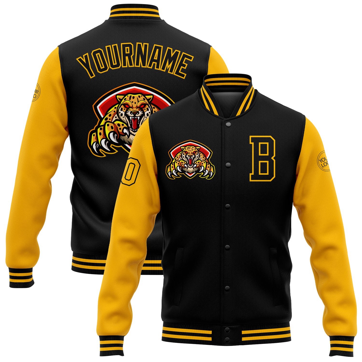 Personalized Black Gold Varsity Letterman Bomber Jacket 3D Full-Snap Design Personalized Black Gold 3D Bomber Full-Snap Varsity