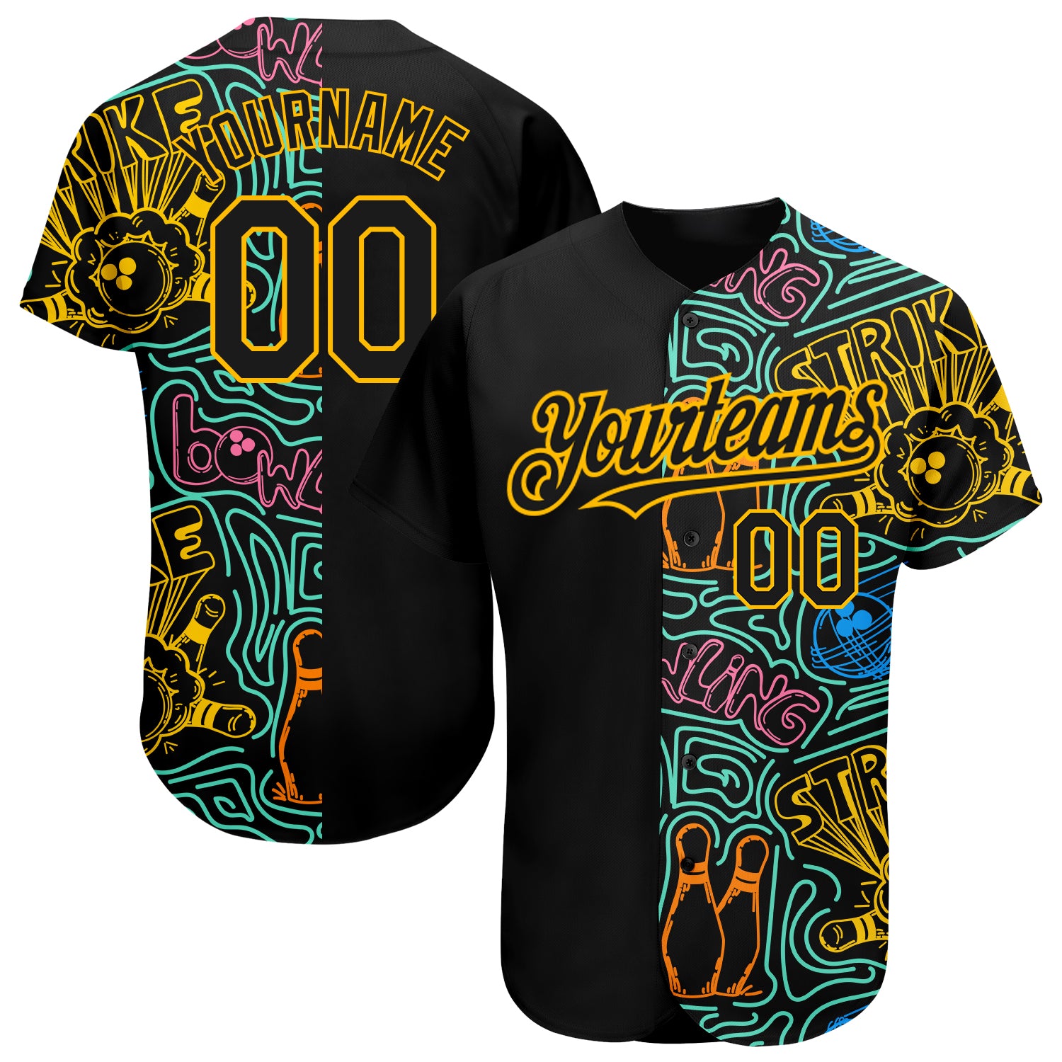 Personalized 3D Black Gold Bowling Baseball Jersey for Men and Women Personalized Black Gold 3D Bowling Baseball Jersey 2