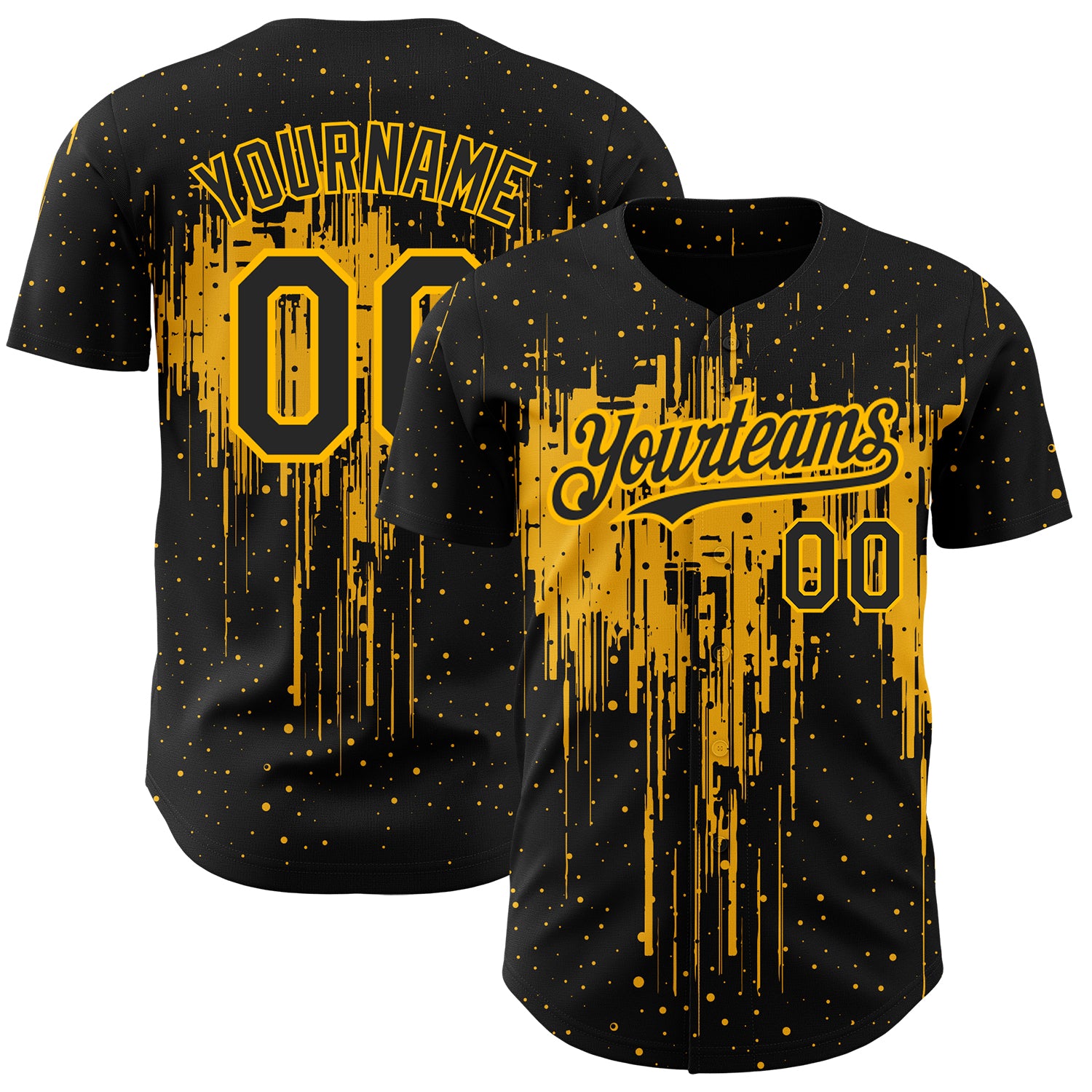 Personalized 3D Dripping Splatter Art Baseball Jersey in Black Gold Design Personalized Black Gold 3D Dripping Splatter Art