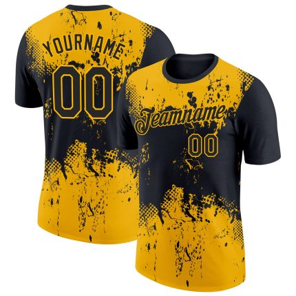 Personalized 3D Dripping Splatter Art T-Shirt in Black and Gold - Unique Performance Tee Personalized Black Gold 3D Dripping