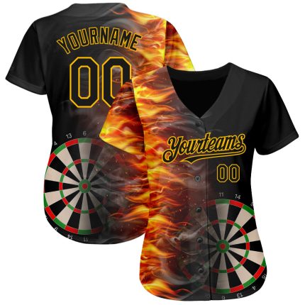 Personalized 3D Fiery Black Gold Baseball Jersey for Dart Board Fans Personalized Black Gold 3D Fiery Dart Board Baseball
