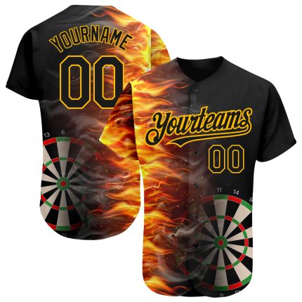 Personalized 3D Fiery Black Gold Baseball Jersey for Dart Board Fans Personalized Black Gold 3D Fiery Dart Board Baseball