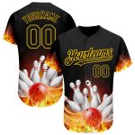 Black Gold Personalized 3D Flame Baseball Jersey for Bowling Enthusiasts Personalized Black Gold 3D Flame Bowling Baseball