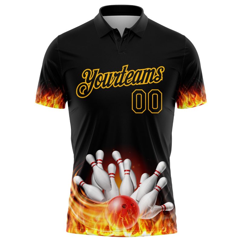 Personalized Black Gold 3D Flame Bowling Polo Shirt - Performance Apparel for Bowlers Personalized Black Gold 3D Flame Bowling