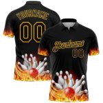 Personalized Black Gold 3D Flame Bowling Polo Shirt - Performance Apparel for Bowlers Personalized Black Gold 3D Flame Bowling