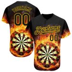 Personalized Black Gold 3D Flame Baseball Jersey for Men and Women - Unique Dart Board Design Personalized Black Gold 3D
