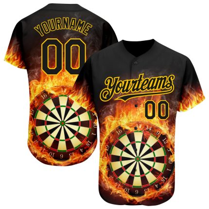Personalized Black Gold 3D Flame Baseball Jersey for Men and Women - Unique Dart Board Design Personalized Black Gold 3D