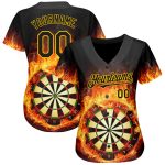 Personalized Black Gold 3D Flame Baseball Jersey for Men and Women - Unique Dart Board Design Personalized Black Gold 3D