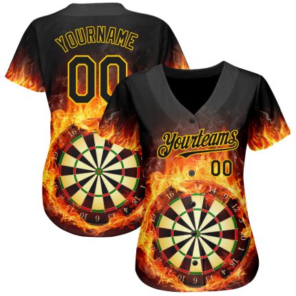 Personalized Black Gold 3D Flame Baseball Jersey for Men and Women - Unique Dart Board Design Personalized Black Gold 3D