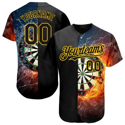 Personalized Black Gold 3D Flame Dart Board Jersey for Baseball Youth Size 3 Personalized Black Gold 3D Flame Dart Board