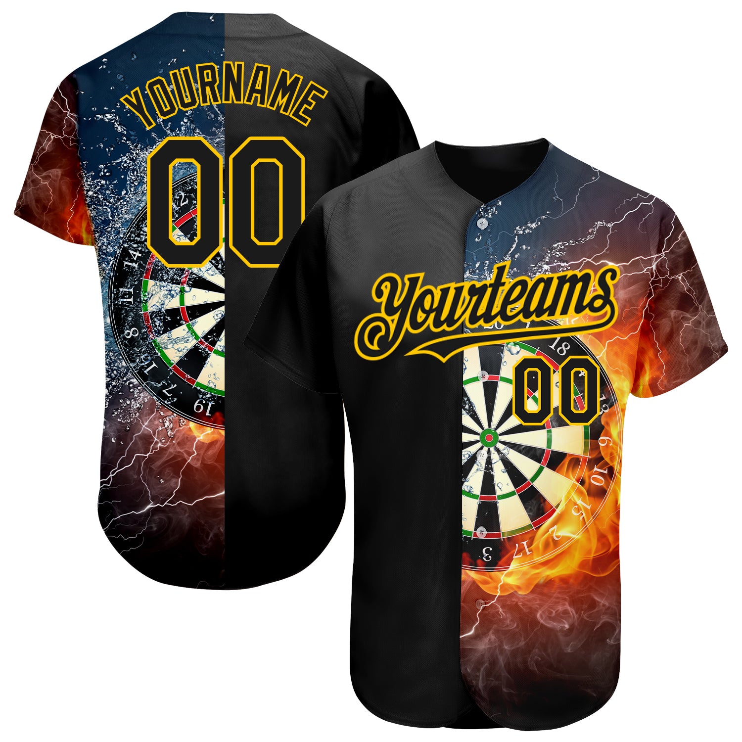 Personalized Black Gold 3D Flame Dart Board Jersey for Baseball Youth Size 3 Personalized Black Gold 3D Flame Dart Board