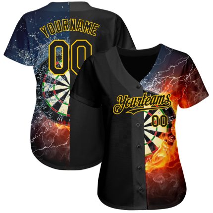 Personalized Black Gold 3D Flame Dart Board Jersey for Baseball Youth Size 3 Personalized Black Gold 3D Flame Dart Board