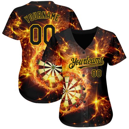 Personalized 3D Flame Dart Board Baseball Jersey Black Gold Style 4 Personalized Black Gold 3D Flame Dart Board Baseball