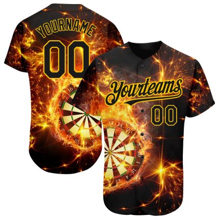 Personalized 3D Flame Dart Board Baseball Jersey Black Gold Style 4 Personalized Black Gold 3D Flame Dart Board Baseball