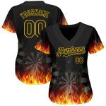 Personalized Black Gold 3D Flame Baseball Jersey for Dart Board Lovers Personalized Black Gold 3D Flame Dart Board Baseball