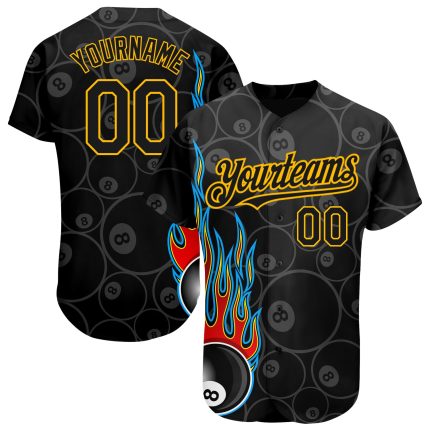 Personalized 3D Black Gold Flaming Billiards Snooker 8 Ball Jersey, Custom Baseball Top Personalized Black Gold 3D Flaming