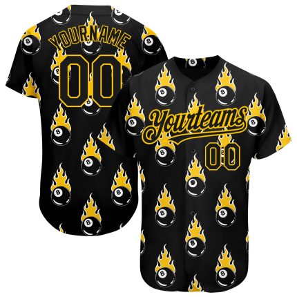 Personalized 3D Black Gold Flaming Snooker Billiards 8 Ball Baseball Jersey Personalized Black Gold 3D Flaming Billiards
