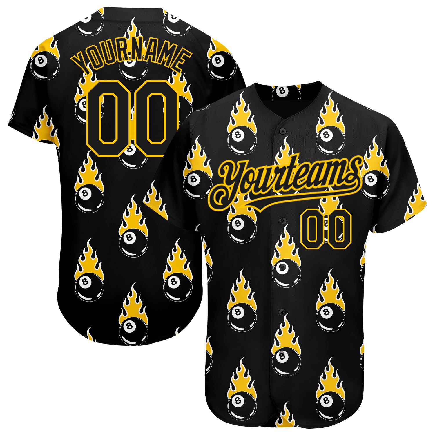 Personalized 3D Black Gold Flaming Snooker Billiards 8 Ball Baseball Jersey Personalized Black Gold 3D Flaming Billiards