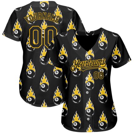 Personalized 3D Black Gold Flaming Snooker Billiards 8 Ball Baseball Jersey Personalized Black Gold 3D Flaming Billiards
