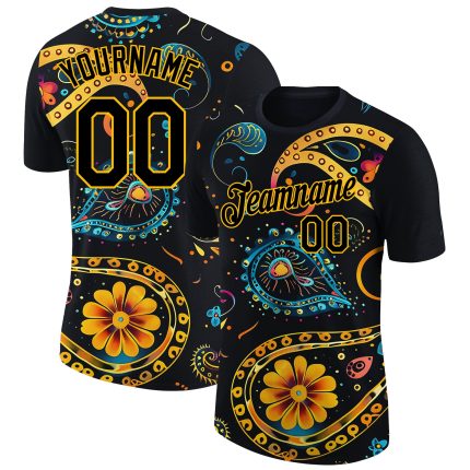 Custom Black Gold 3D Floral Design Performance Tee for Men and Women Personalized Black Gold 3D Floral Design Performance
