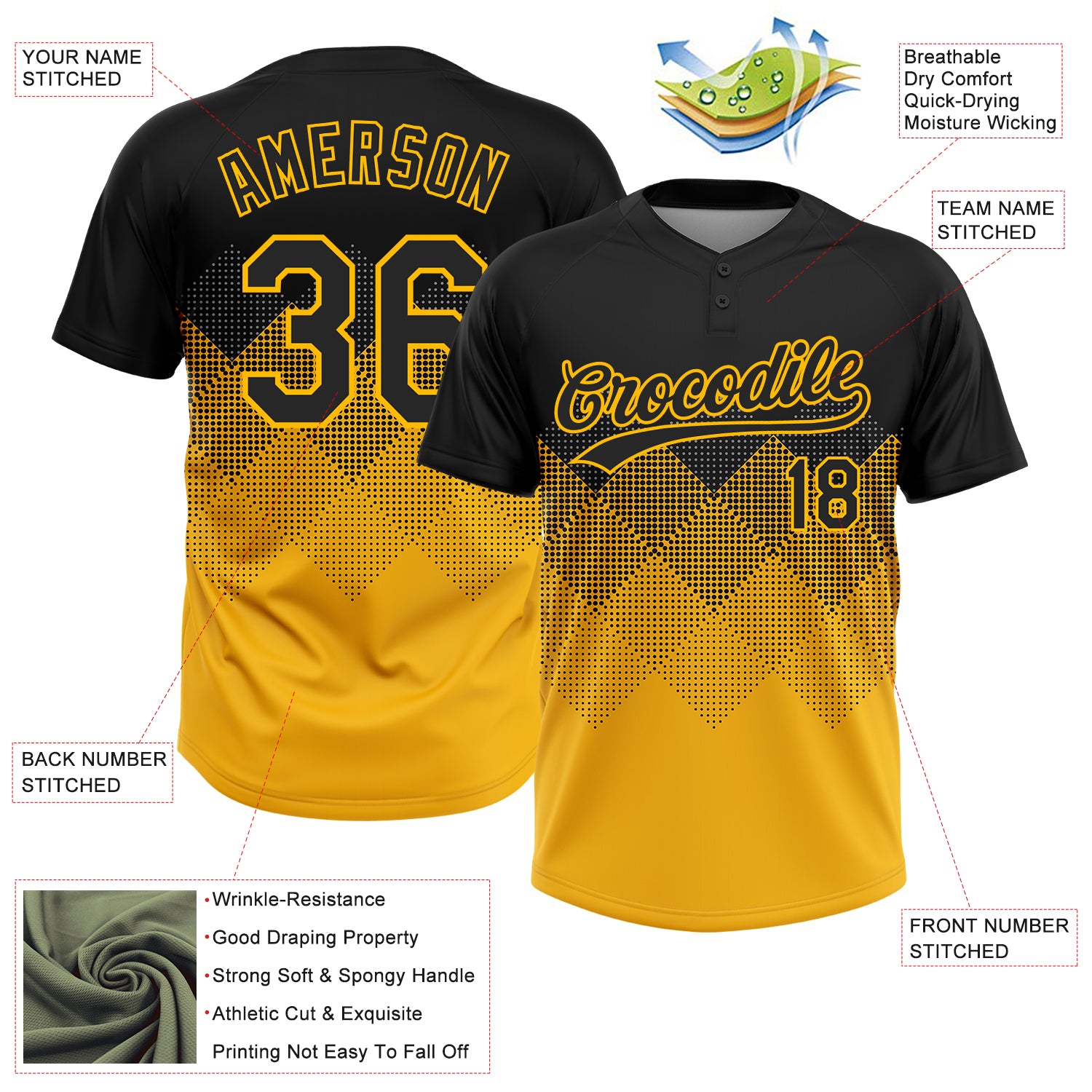 Personalized Black Gold 3D Gradient Square Shapes Two-Button Unisex Softball Jersey Personalized Black Gold 3D Gradient Two-Button Unisex Softball Jersey, Soft and Stylish Design Personalized Black Gold 3D - Image 3