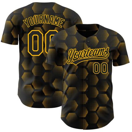 Personalized Black Gold 3D Halftone Baseball Jersey with Geometric Shapes Design Personalized Black Gold 3D Halftone Geometric