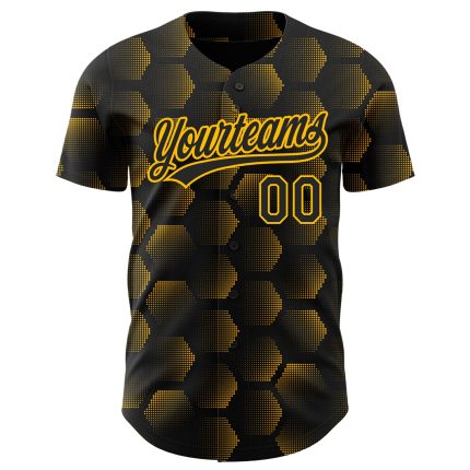 Personalized Black Gold 3D Halftone Baseball Jersey with Geometric Shapes Design Personalized Black Gold 3D Halftone Geometric