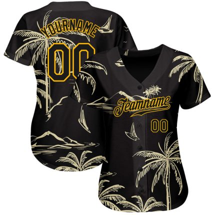 Custom Black Gold 3D Hawaii Palm Trees Sailboat Jersey for Men and Women Personalized Black Gold 3D Hawaii Palm Trees Island