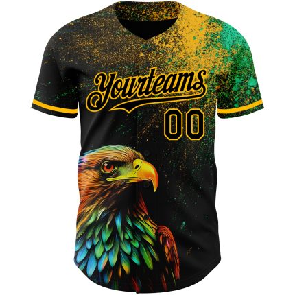 Personalized Black and Gold 3D Baseball Jersey for Holi Festival - Custom Color Powder Design Personalized Black Gold 3D