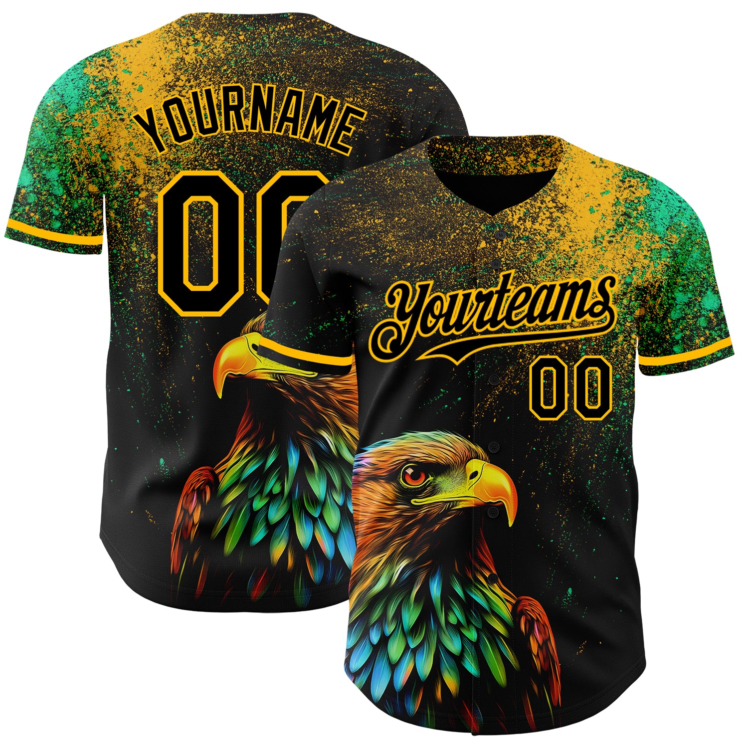 Personalized Black and Gold 3D Baseball Jersey for Holi Festival - Custom Color Powder Design Personalized Black Gold 3D
